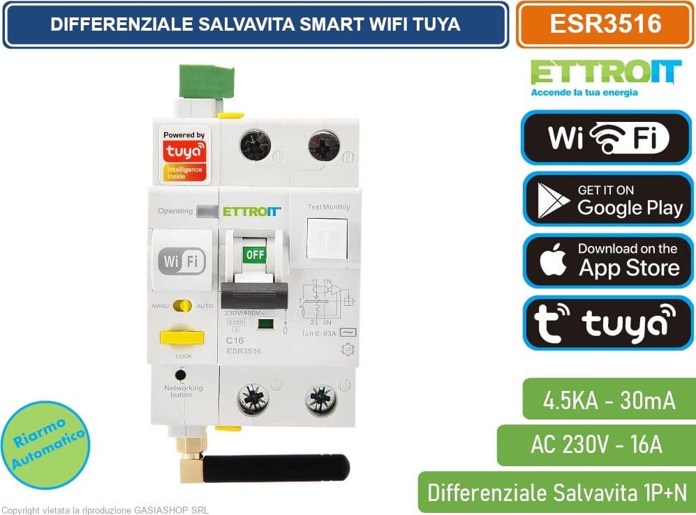 INTERRUTTORE MAGNETOTERMICO DIFFERENZIALE SMART WIFI 1P+N 16A 230V/400V RIARMO AUTOMATICO APP TUYA OCCUPA 3 MODULI DIN - 2