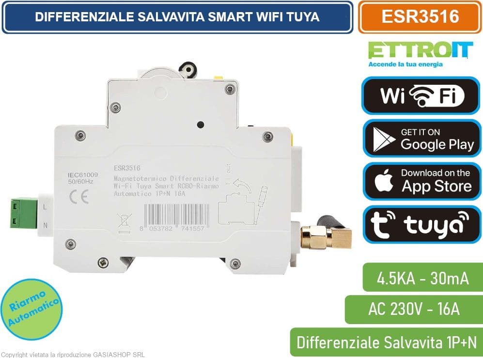 INTERRUTTORE MAGNETOTERMICO DIFFERENZIALE SMART WIFI 1P+N 16A 230V/400V RIARMO AUTOMATICO APP TUYA OCCUPA 3 MODULI DIN - 3