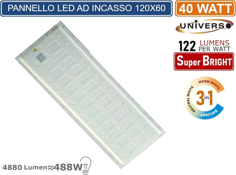 UNIVERSO PN-120-3C PANNELLO SMD LED SLIM RETTANGOLARE DA INCASSO 120x30 40W 4880 LUMEN  CCT 3000K - 4000K - 6500K - 2