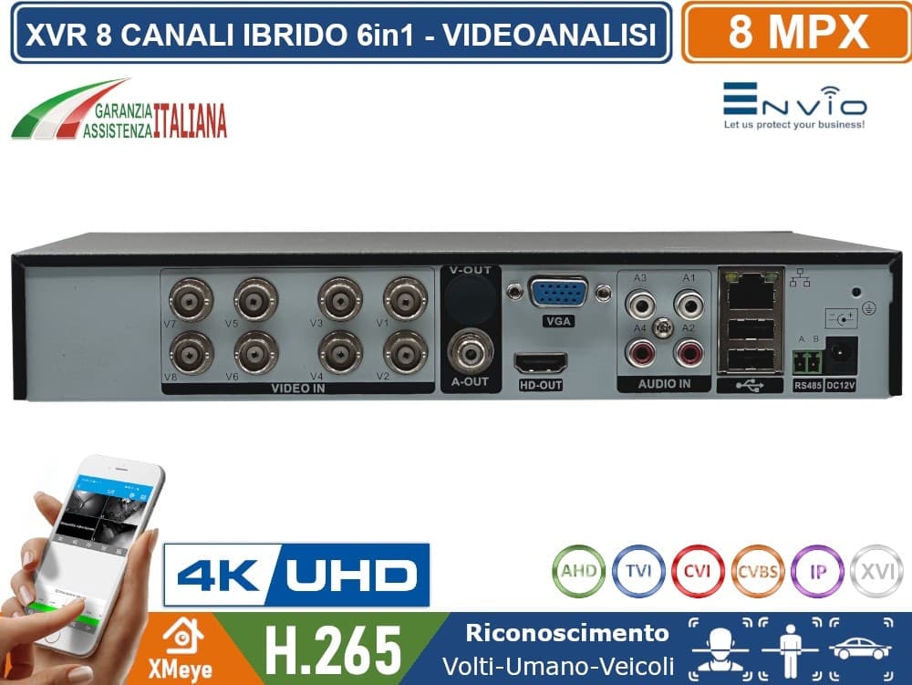 AML-808 XVR DVR 6in1 AHD CVI TVI CVBS IP 8 CANALI UTC ULTRA HD 4K 8MP P2P CLOUD XMEYE HDMI WIFI-READY - 4
