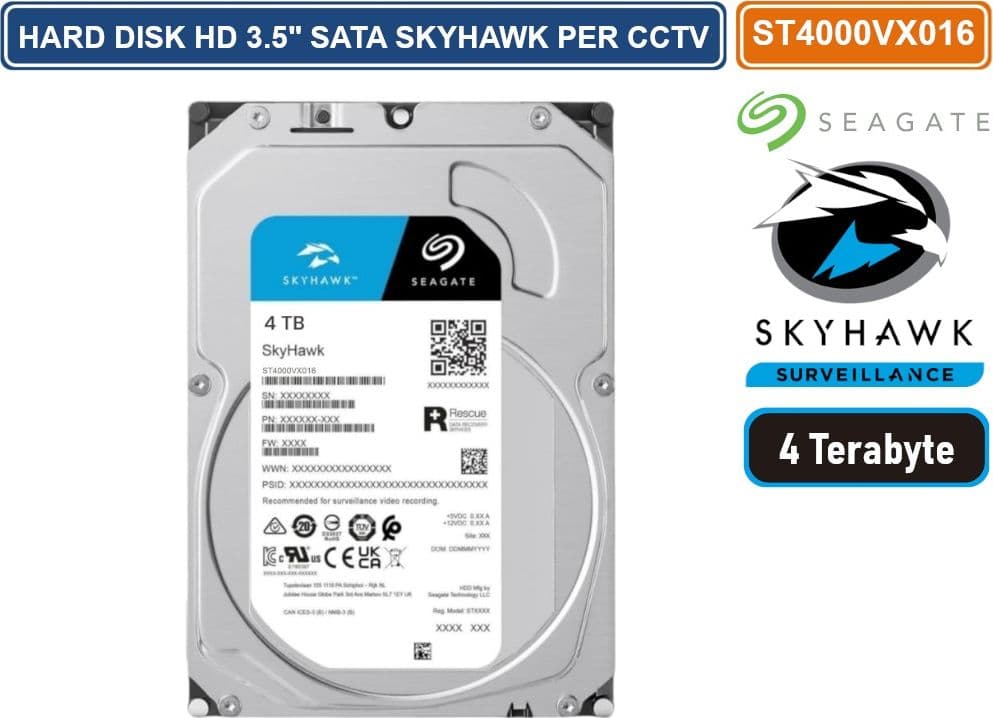 HARD DISK HD 3,5" SATA SKYHAWK 4000 GB 4TB 6Gb/s SEAGATE ST4000VX016 CCTV
