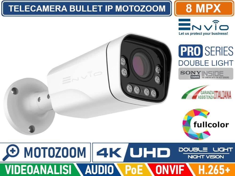 TELECAMERA BULLET MOTOZOOM 4X IP DOUBLE LIGHT 8M SONY STARVIS POE ONVIF H.265+ VISIONE NOTTURNA A COLORI/BIANCO E NERO/A COLORI SU ALLARME 40 METRI ANALISI VIDEO - 2