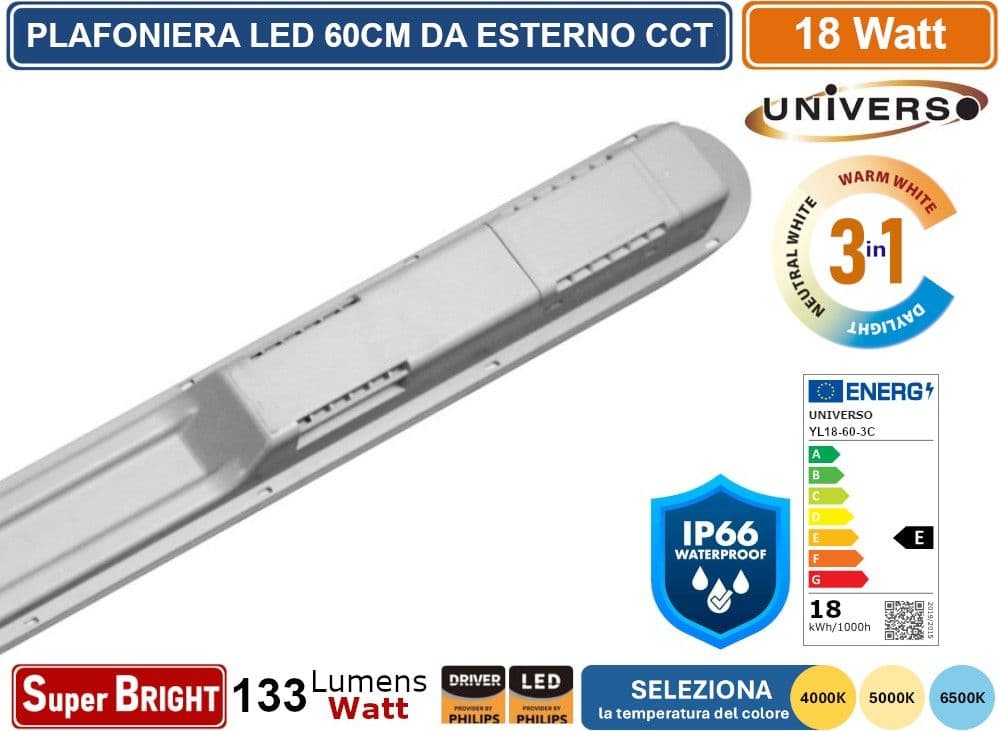 TUBO LED PLAFONIERA LINEARE DA 60CM LINKABILE 18W LAMPADINA SMD CHIP PHILIPS IP66 CCT 4000K - 5000K - 6500K SELEZIONABILE - 3