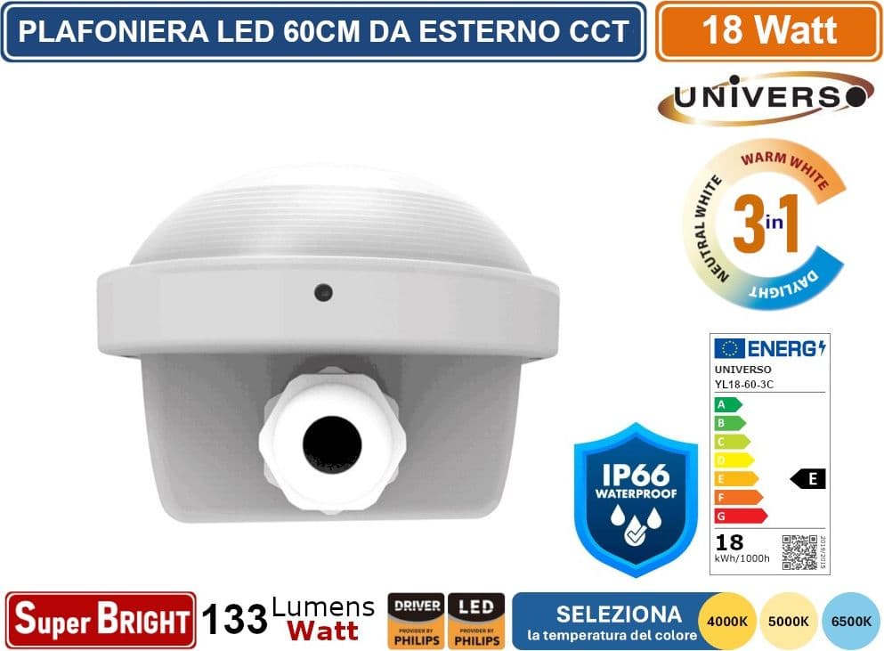 TUBO LED PLAFONIERA LINEARE DA 60CM LINKABILE 18W LAMPADINA SMD CHIP PHILIPS IP66 CCT 4000K - 5000K - 6500K SELEZIONABILE - 4