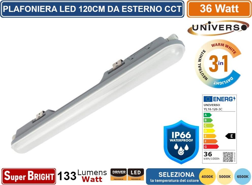 TUBO LED PLAFONIERA LINEARE DA 120CM LINKABILE 36W LAMPADINA SMD CHIP PHILIPS IP66 CCT 4000K - 5000K - 6500K SELEZIONABILE - 2