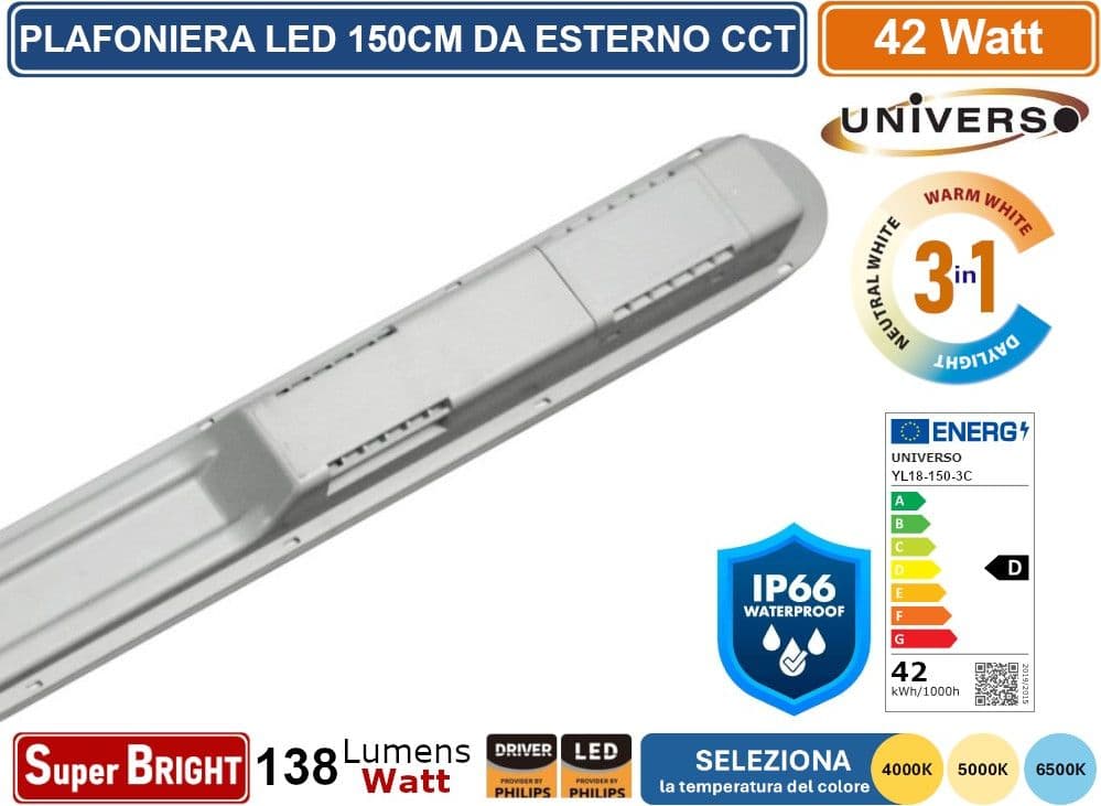 TUBO LED PLAFONIERA LINEARE DA 150CM LINKABILE 42W LAMPADINA SMD CHIP PHILIPS IP66 CCT 4000K - 5000K - 6500K SELEZIONABILE - 3