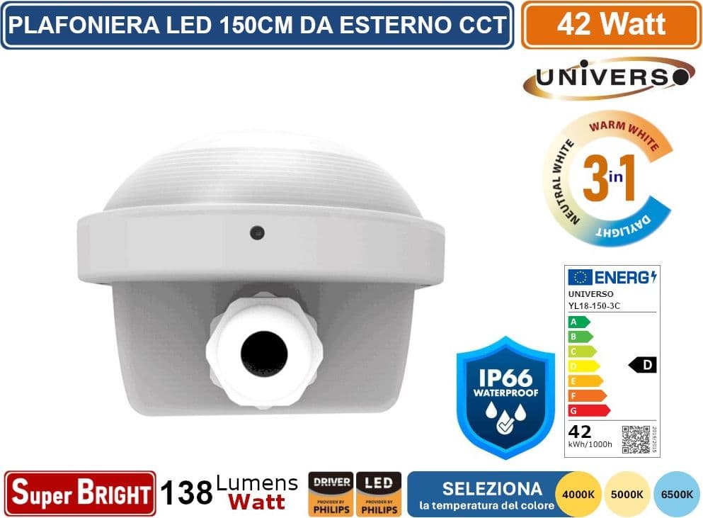 TUBO LED PLAFONIERA LINEARE DA 150CM LINKABILE 42W LAMPADINA SMD CHIP PHILIPS IP66 CCT 4000K - 5000K - 6500K SELEZIONABILE - 4
