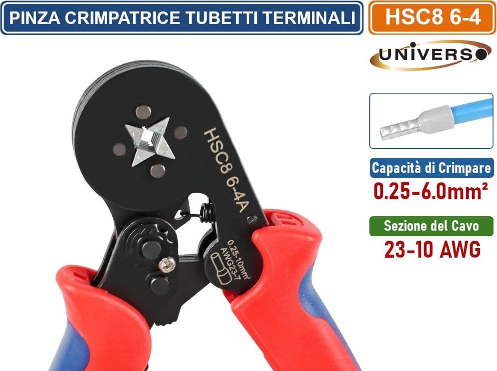 PINZA CRIMPATRICE PER  TUBETTI TERMINALI SINGOLI DA 0.25 A 6 mm²  CAVI 23-10 AWG - 3
