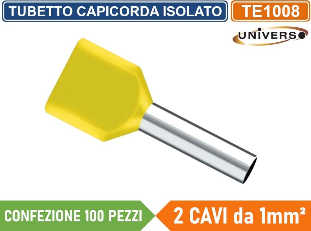 CONFEZIONE 100 PEZZI TUBETTO TERMINALE CAPICORDA ISOLATO PER 2 CAVI DA 1.00mm² TERMINALE DA 8mm - GIALLO ROSSO BLU - 3