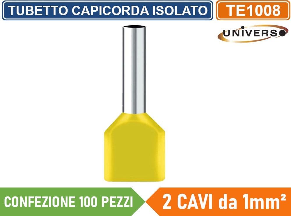 CONFEZIONE 100 PEZZI TUBETTO TERMINALE CAPICORDA ISOLATO PER 2 CAVI DA 1.00mm² TERMINALE DA 8mm - GIALLO ROSSO BLU - 4