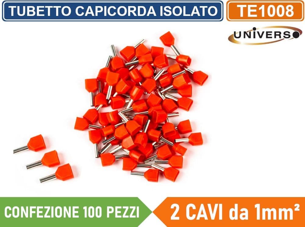 CONFEZIONE 100 PEZZI TUBETTO TERMINALE CAPICORDA ISOLATO PER 2 CAVI DA 1.00mm² TERMINALE DA 8mm - GIALLO ROSSO BLU - 5