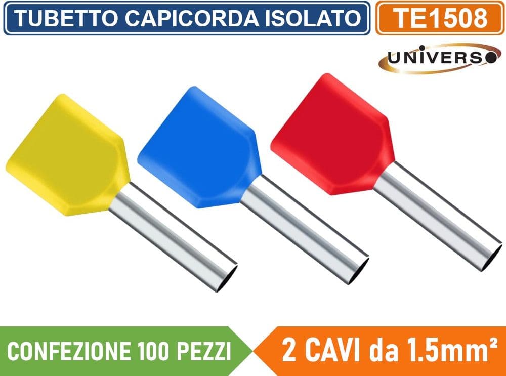 CONFEZIONE 100 PEZZI TUBETTO TERMINALE CAPICORDA ISOLATO PER 2 CAVI DA 1.50mm² TERMINALE DA 8mm - GIALLO ROSSO BLU
