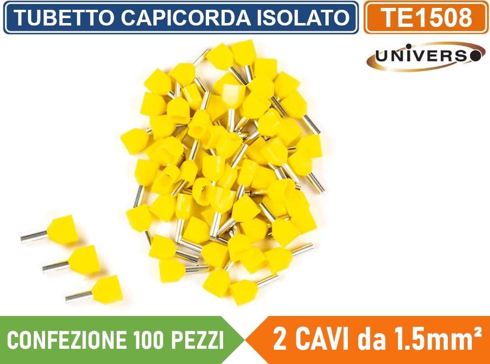 CONFEZIONE 100 PEZZI TUBETTO TERMINALE CAPICORDA ISOLATO PER 2 CAVI DA 1.50mm² TERMINALE DA 8mm - GIALLO ROSSO BLU - 2