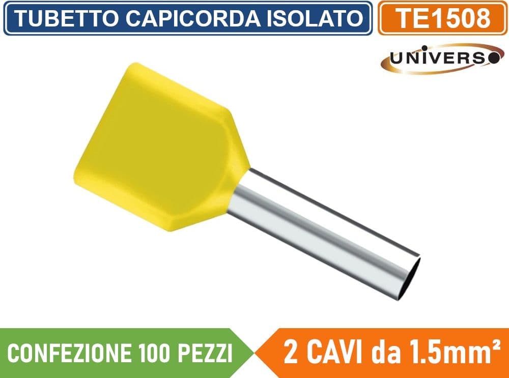 CONFEZIONE 100 PEZZI TUBETTO TERMINALE CAPICORDA ISOLATO PER 2 CAVI DA 1.50mm² TERMINALE DA 8mm - GIALLO ROSSO BLU - 3