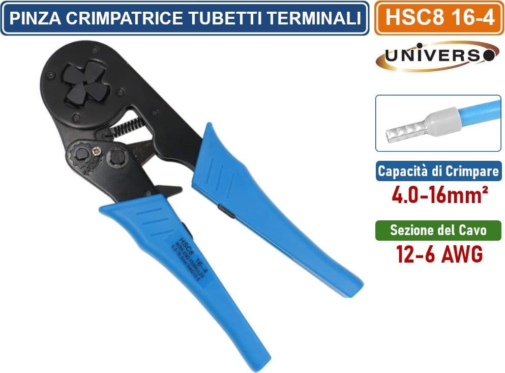 PINZA CRIMPATRICE PER  TUBETTI TERMINALI SINGOLI DA 4 A 16 mm²  CAVI 12-6 AWG - 3