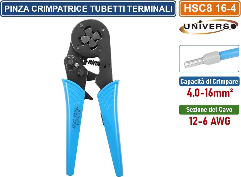 PINZA CRIMPATRICE PER  TUBETTI TERMINALI SINGOLI DA 4 A 16 mm²  CAVI 12-6 AWG - 4