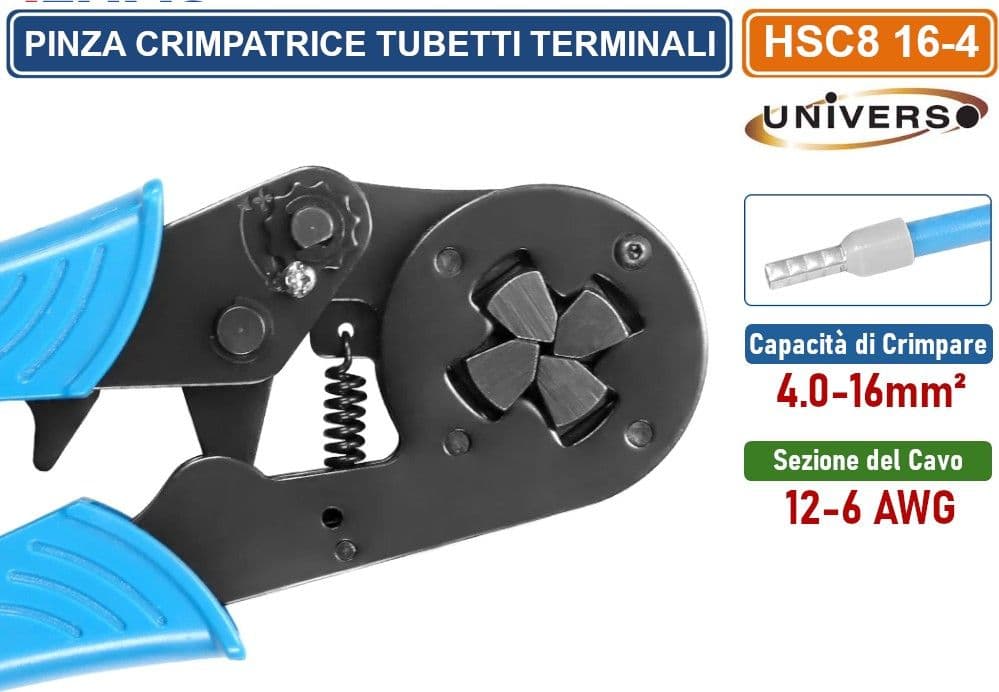 PINZA CRIMPATRICE PER  TUBETTI TERMINALI SINGOLI DA 4 A 16 mm²  CAVI 12-6 AWG - 5