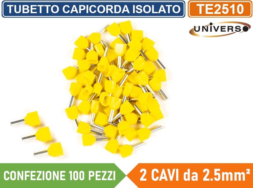 CONFEZIONE 100 PEZZI TUBETTO TERMINALE CAPICORDA ISOLATO PER 2 CAVI DA 2.50mm² TERMINALE DA 10mm - GIALLO ROSSO BLU - 2
