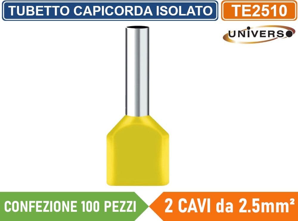 CONFEZIONE 100 PEZZI TUBETTO TERMINALE CAPICORDA ISOLATO PER 2 CAVI DA 2.50mm² TERMINALE DA 10mm - GIALLO ROSSO BLU - 4