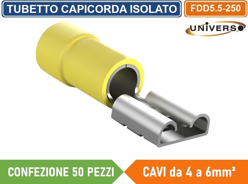 CONFEZIONE 50 PEZZI FDD5.5-250 TERMINALE CAPICORDA FEMMINA PER CAVI DA 4mm² A 6mm - GIALLO - 2
