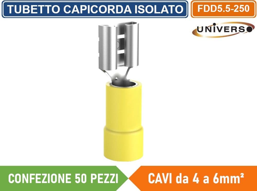 CONFEZIONE 50 PEZZI FDD5.5-250 TERMINALE CAPICORDA FEMMINA PER CAVI DA 4mm² A 6mm - GIALLO - 3