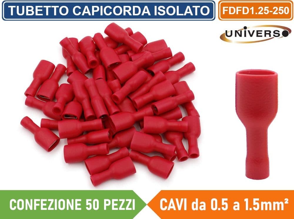 CONFEZIONE 50 PEZZI FDFD1.25-250 TERMINALE ISOLATO CAPICORDA FEMMINA PER CAVI DA 0.5mm² A 1.5mm - ROSSO