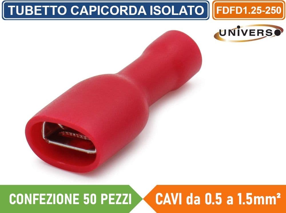 CONFEZIONE 50 PEZZI FDFD1.25-250 TERMINALE ISOLATO CAPICORDA FEMMINA PER CAVI DA 0.5mm² A 1.5mm - ROSSO - 2