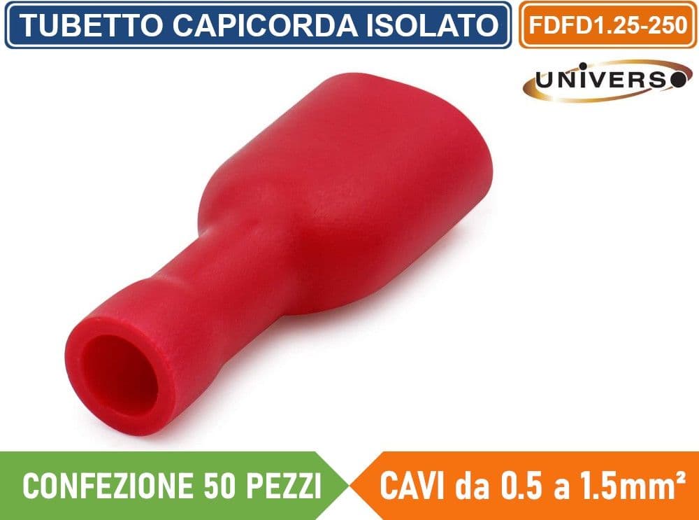 CONFEZIONE 50 PEZZI FDFD1.25-250 TERMINALE ISOLATO CAPICORDA FEMMINA PER CAVI DA 0.5mm² A 1.5mm - ROSSO - 3
