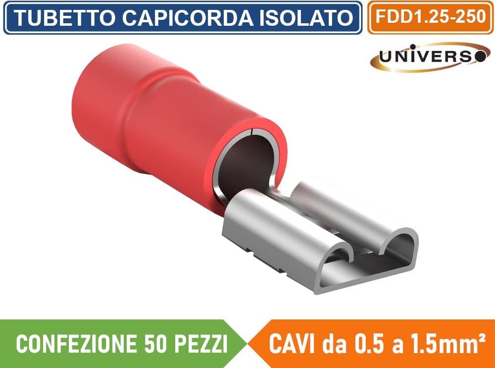 CONFEZIONE 50 PEZZI FDD1.25-250 TERMINALE CAPICORDA FEMMINA PER CAVI DA 0.5mm² A 1.5mm - ROSSO - 2