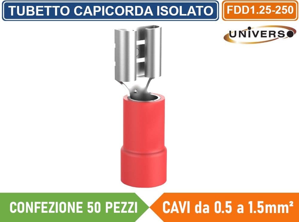 CONFEZIONE 50 PEZZI FDD1.25-250 TERMINALE CAPICORDA FEMMINA PER CAVI DA 0.5mm² A 1.5mm - ROSSO - 3