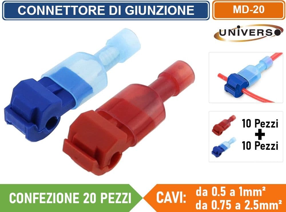 CONFEZIONE 20 PEZZI CONNETTORE DI GIUNZIONE RUBACORRENTE ISOLATO PER CAVI DA 0.5mm² A 1.0mm² E  0.75mm² A 2.5mm²