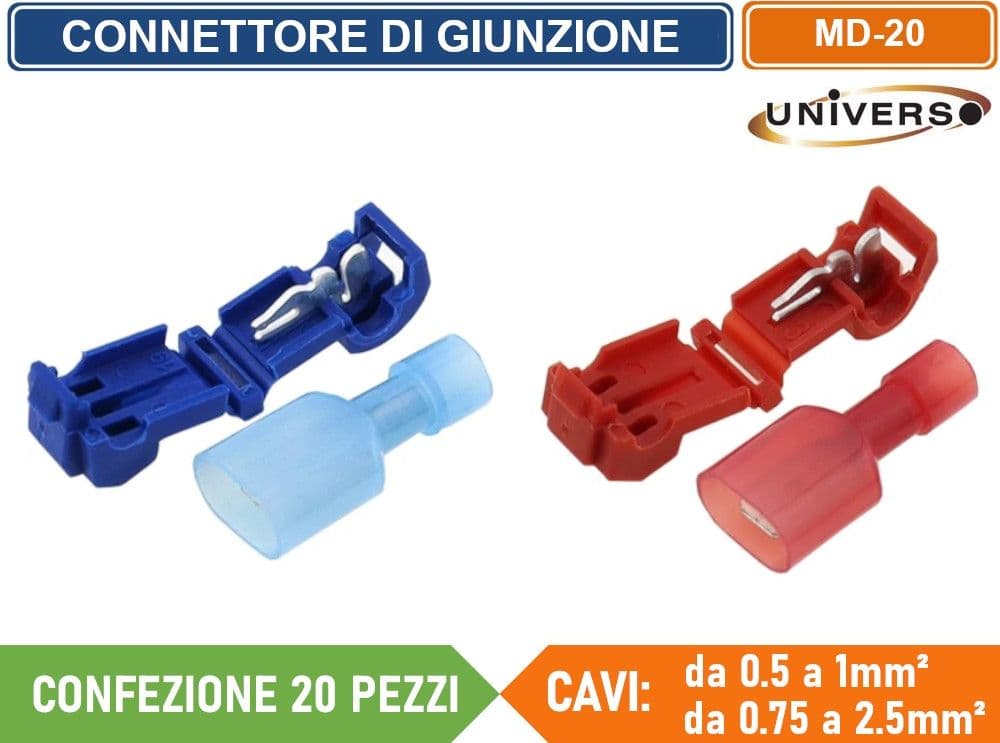 CONFEZIONE 20 PEZZI CONNETTORE DI GIUNZIONE RUBACORRENTE ISOLATO PER CAVI DA 0.5mm² A 1.0mm² E  0.75mm² A 2.5mm² - 2