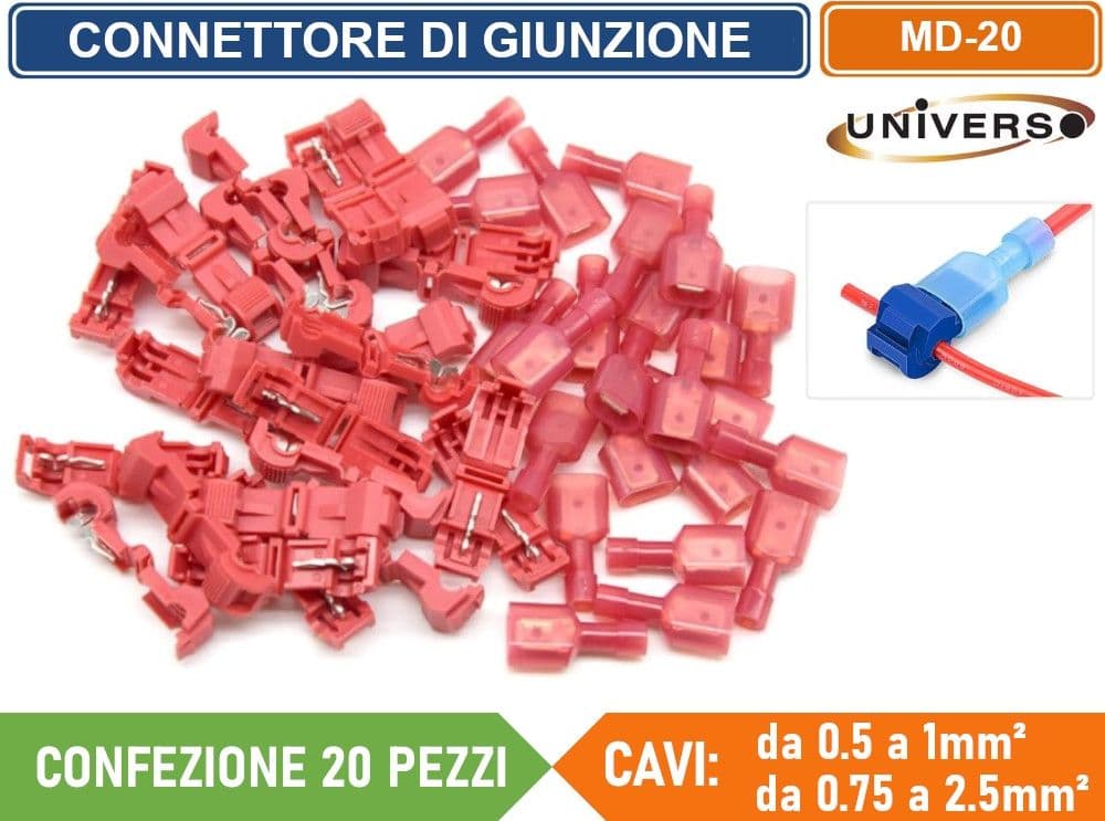 CONFEZIONE 20 PEZZI CONNETTORE DI GIUNZIONE RUBACORRENTE ISOLATO PER CAVI DA 0.5mm² A 1.0mm² E  0.75mm² A 2.5mm² - 3