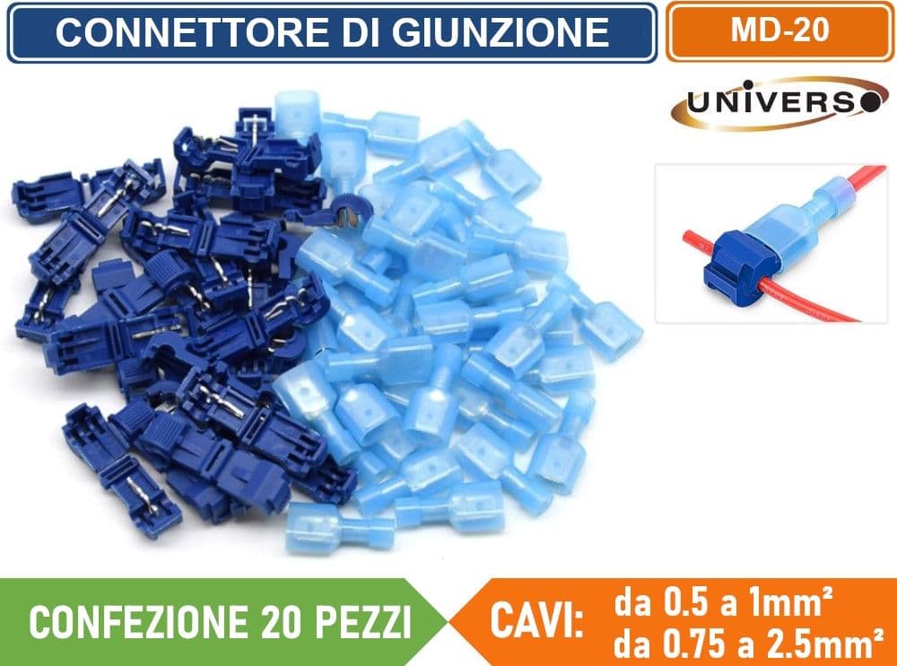 CONFEZIONE 20 PEZZI CONNETTORE DI GIUNZIONE RUBACORRENTE ISOLATO PER CAVI DA 0.5mm² A 1.0mm² E  0.75mm² A 2.5mm² - 4