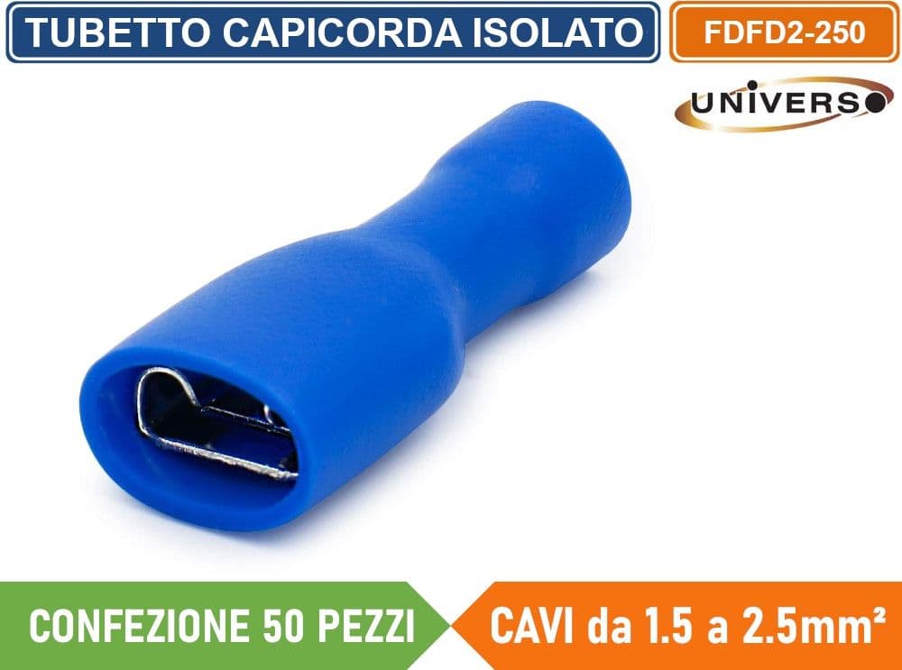 CONFEZIONE 50 PEZZI FDFD2-250 TERMINALE ISOLATO CAPICORDA FEMMINA PER CAVI DA 1.5mm² A 2.5mm - BLU - 2