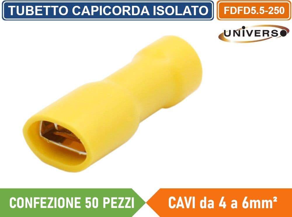 CONFEZIONE 50 PEZZI FDFD5.5-250 TERMINALE ISOLATO CAPICORDA FEMMINA PER CAVI DA 4mm² A 6mm - GIALLO - 2