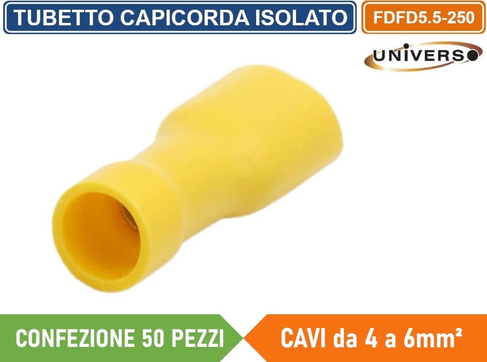 CONFEZIONE 50 PEZZI FDFD5.5-250 TERMINALE ISOLATO CAPICORDA FEMMINA PER CAVI DA 4mm² A 6mm - GIALLO - 3