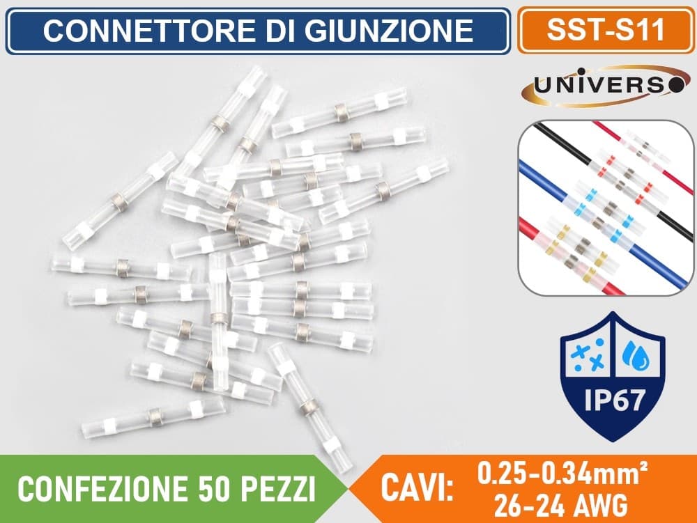 CONFEZIONE 50 PEZZI CONNETTORE DI GIUNZIONE ISOLATO AUTOSALDANTE A CALDO PER CAVI DA 0.25mm² A 0.34mm² IP67