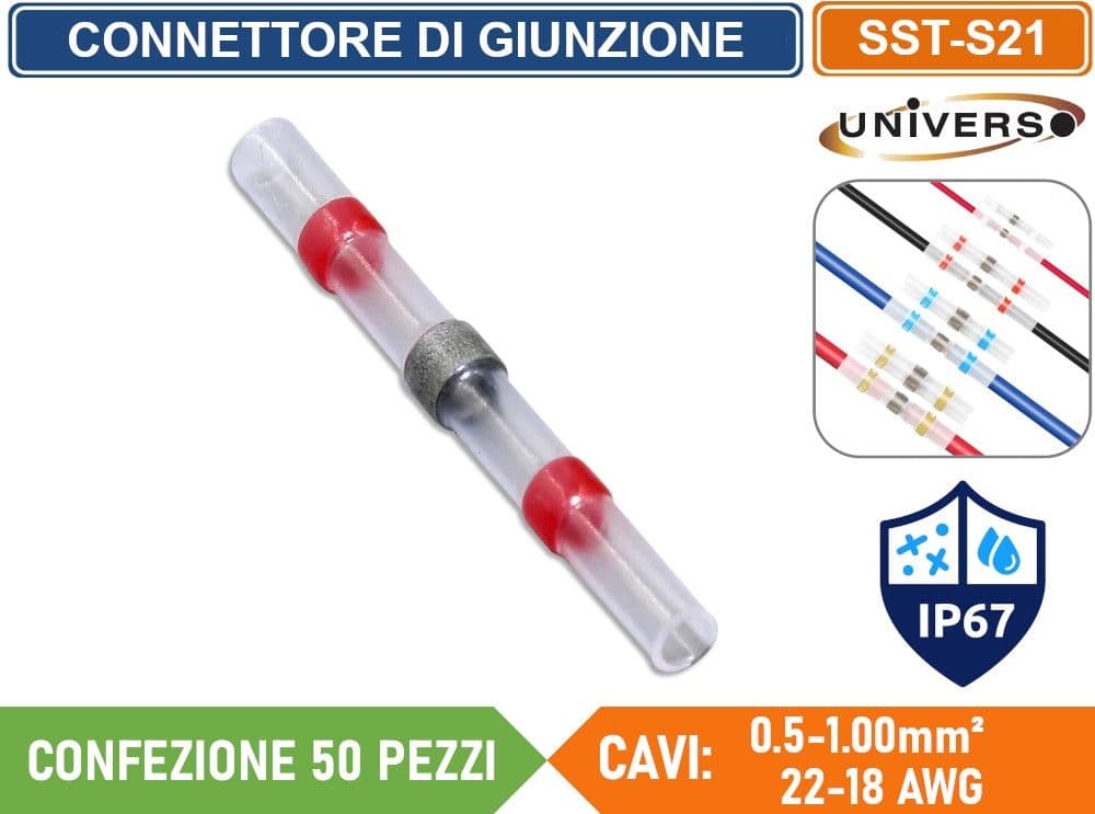 CONFEZIONE 50 PEZZI CONNETTORE DI GIUNZIONE ISOLATO AUTOSALDANTE A CALDO PER CAVI DA 0.5mm² A 1.00mm² IP67 - 2