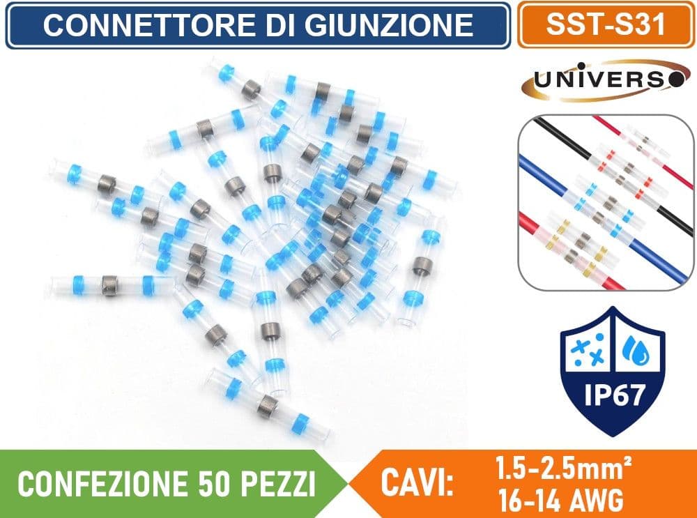 CONFEZIONE 50 PEZZI CONNETTORE DI GIUNZIONE ISOLATO AUTOSALDANTE A CALDO PER CAVI DA 1.5mm² A 2.5mm² IP67