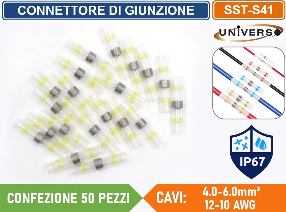 CONFEZIONE 50 PEZZI CONNETTORE DI GIUNZIONE ISOLATO AUTOSALDANTE A CALDO PER CAVI DA 4mm² A 6mm² IP67