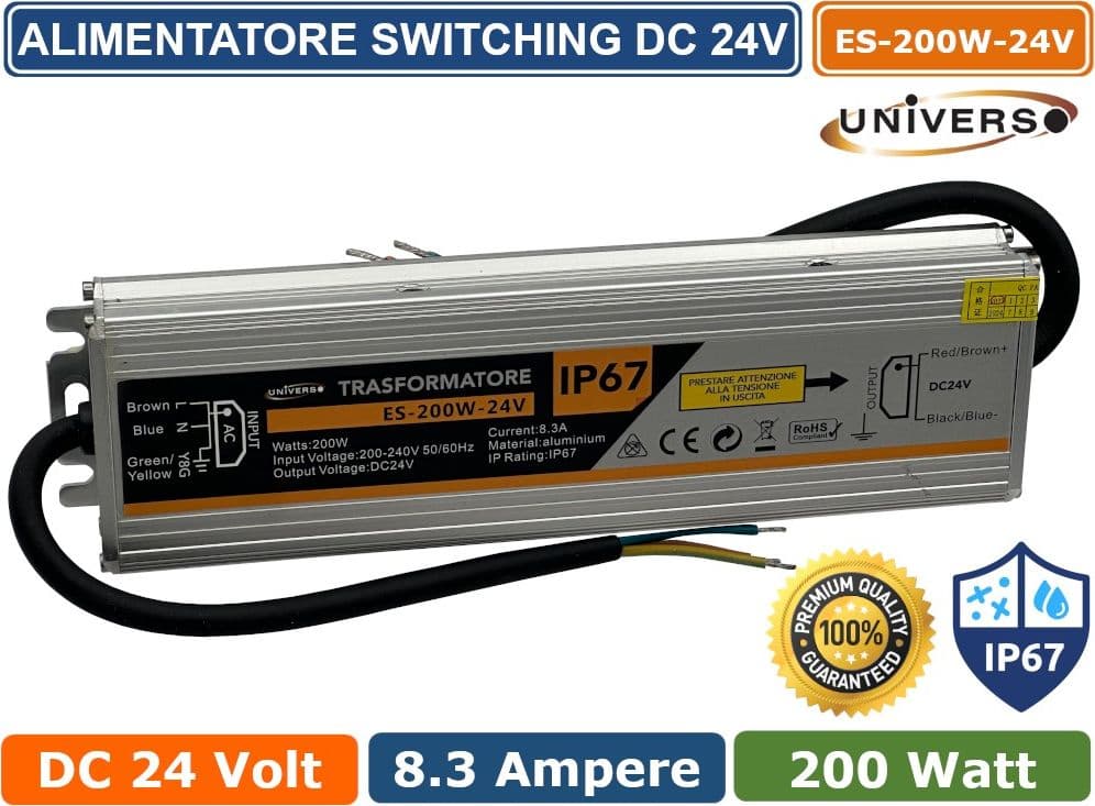 ALIMENTATORE METALLICO STABILIZZATO SWITCHING IMPERMEABILE IP67 220V-24V 8.3A 200 WATT