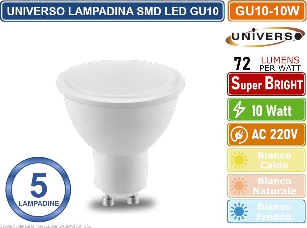 CONFEZIONE 5 PEZZI UNIVERSO LAMPADINA LED GU10 10W FARETTO SPOTLIGHT 110° 720 LUMEN - 3000K 4000K - 6500K - 4