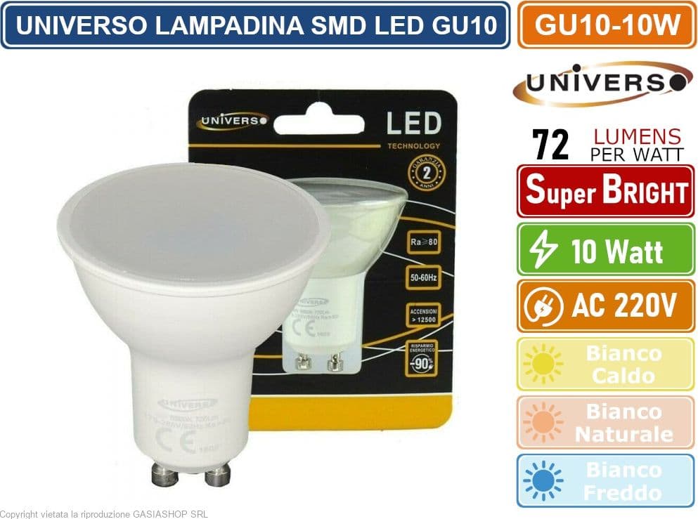 CONFEZIONE 5 PEZZI UNIVERSO LAMPADINA LED GU10 10W FARETTO SPOTLIGHT 110° 720 LUMEN - 3000K 4000K - 6500K - 2