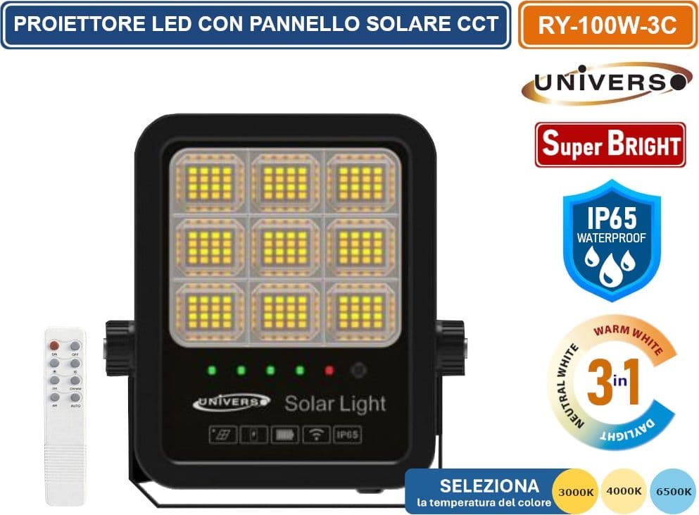 UNIVERSO RY-100W-3C FARO LED FLOODLIGHT 1100 LUMEN IP65 TEMPERATURA COLORE SELEZIONABILE CCT 3IN1 3000K 4000K 6500K CON PANNELLO SOLARE E TELECOMANDO - 2
