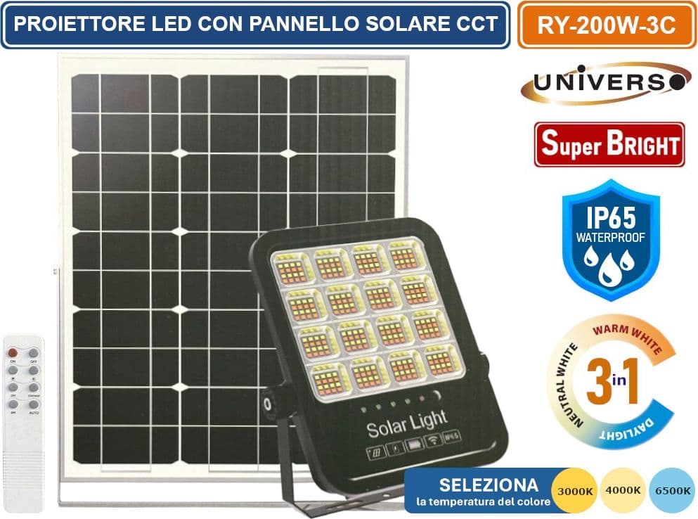 UNIVERSO RY-200W-3C FARO LED FLOODLIGHT 2200 LUMEN IP65 TEMPERATURA COLORE SELEZIONABILE CCT 3IN1 3000K 4000K 6500K CON PANNELLO SOLARE E TELECOMANDO
