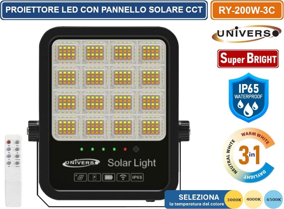 UNIVERSO RY-200W-3C FARO LED FLOODLIGHT 2200 LUMEN IP65 TEMPERATURA COLORE SELEZIONABILE CCT 3IN1 3000K 4000K 6500K CON PANNELLO SOLARE E TELECOMANDO - 2