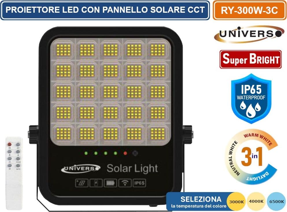 UNIVERSO RY-300W-3C FARO LED FLOODLIGHT 3300 LUMEN IP65 TEMPERATURA COLORE SELEZIONABILE CCT 3IN1 3000K 4000K 6500K CON PANNELLO SOLARE E TELECOMANDO - 2