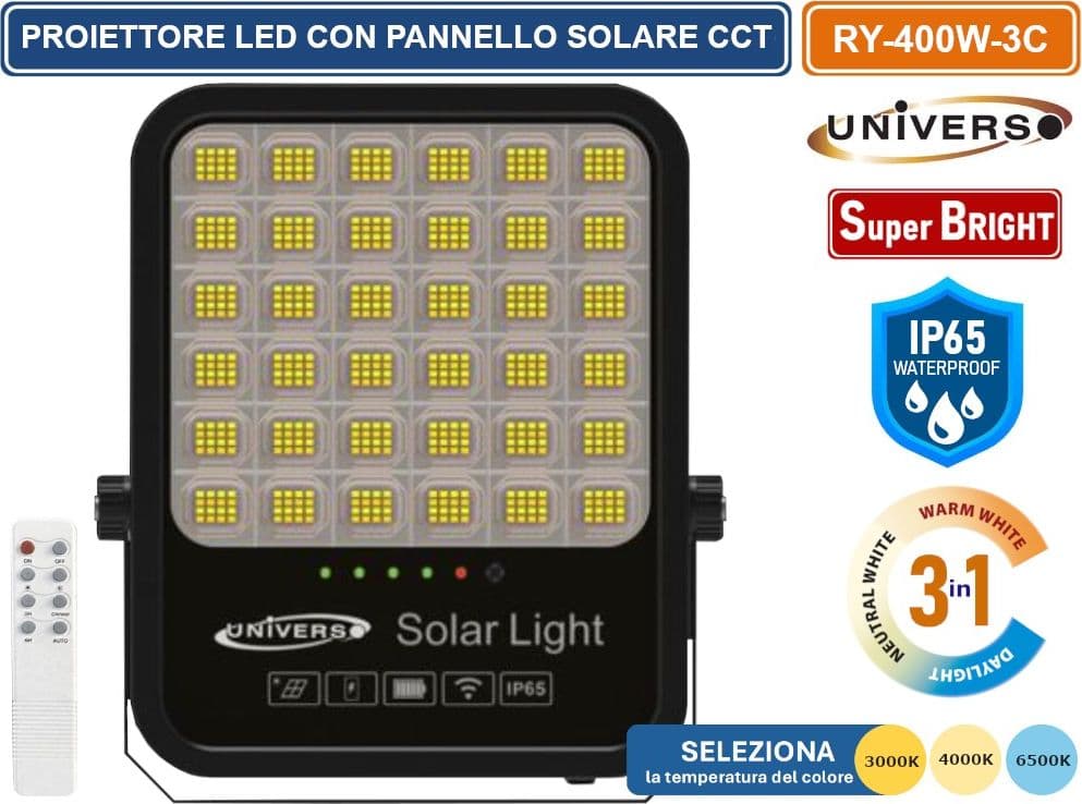 UNIVERSO RY-400W-3C FARO LED FLOODLIGHT 4400 LUMEN IP65 TEMPERATURA COLORE SELEZIONABILE CCT 3IN1 3000K 4000K 6500K CON PANNELLO SOLARE E TELECOMANDO - 2
