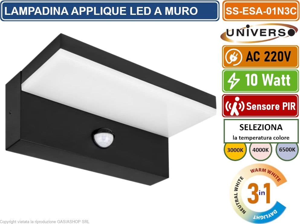 APPLIQUE LAMPADA LED DA MURO NERA 10W SMD SENSORE PIR DI MOVIMENTO CCT 3IN1 CAMBIA COLORE DA ESTERNO IP54 - 2